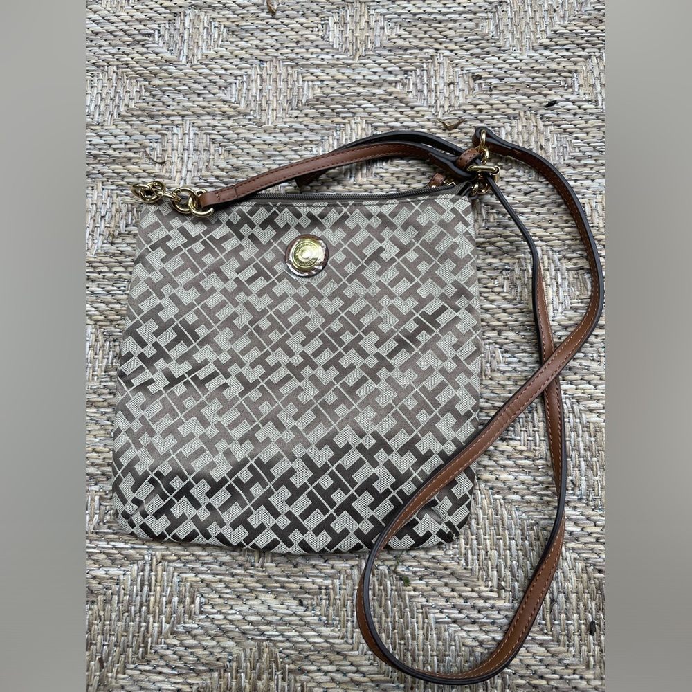 Tommy Hilfiger Small Crossbody Purse Monogram Logo Brown Beige Crossbody Bag.